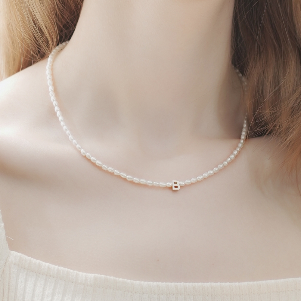 [봉보]실버 이니셜 쌀알 4mm 담수 진주 목걸이 Silver initial water pearl Necklace