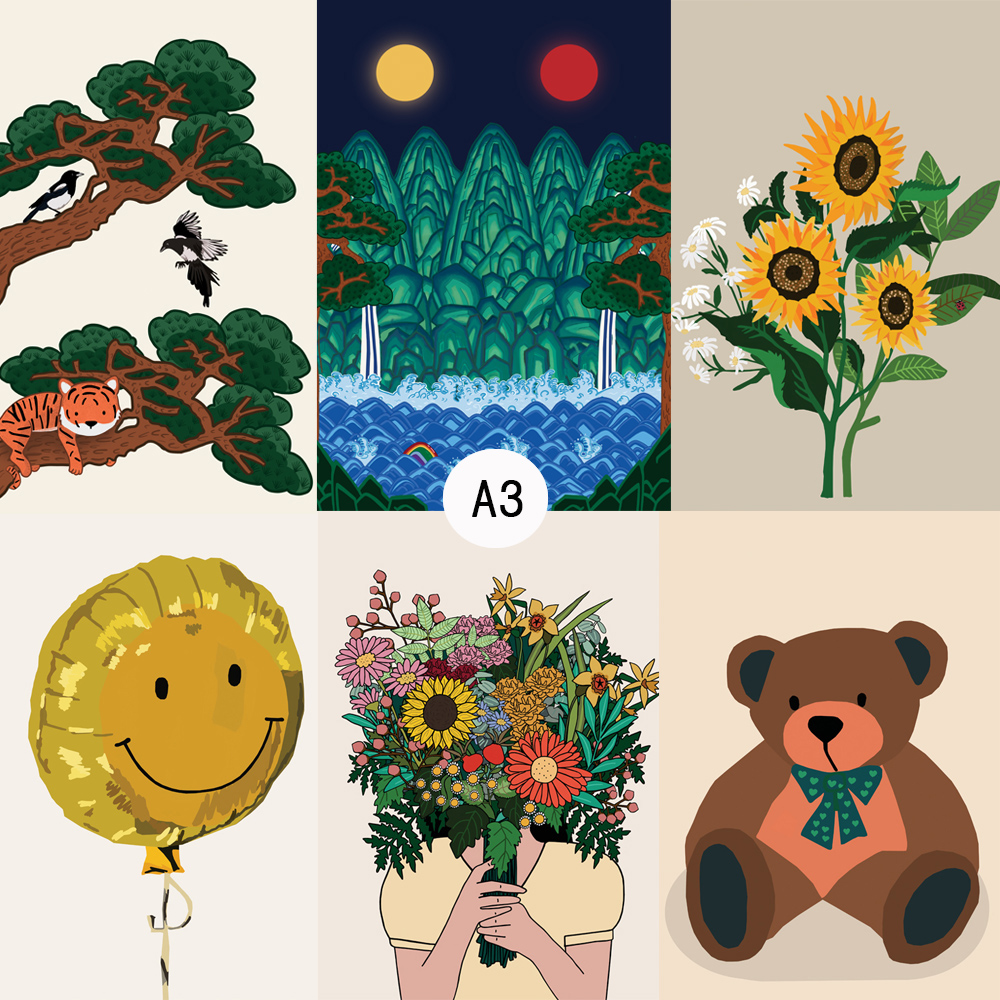 [밀크하우스]꽃,스마일,곰돌이,사과 A3사이즈 그림