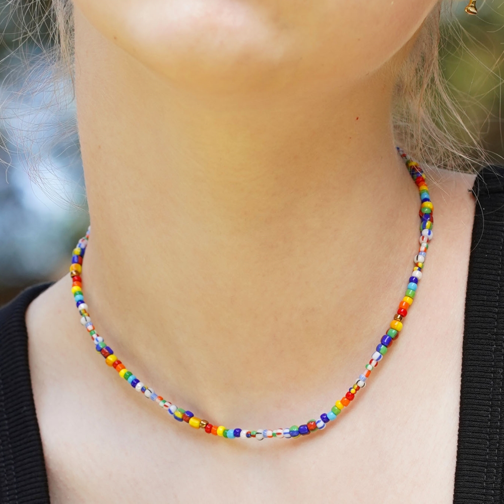 [봉보]유니크 멀티컬러 포인트 비즈 초커 목걸이 Unique multi color mix beads Necklace
